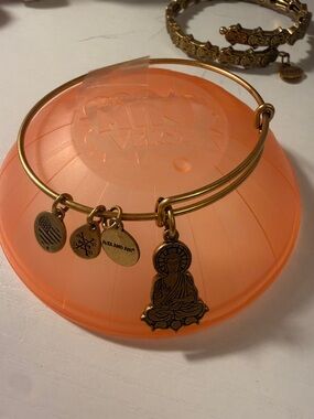 Alex and Ani Gold Buddha Charm Expandable Bangle with Signature Discs